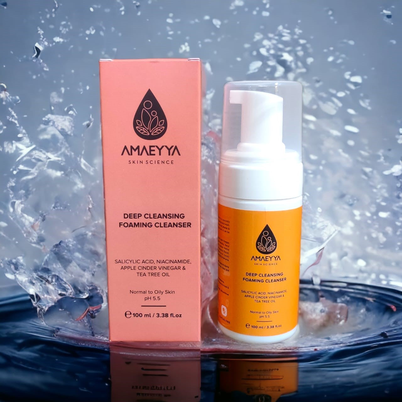 AMAEYYA Deep Cleansing Foaming Cleanser with Salicylic Acid, Tea Tree Oil,  Niacinamide & Apple Cider Vinegar for Normal to Oily Skin, pH 5.5